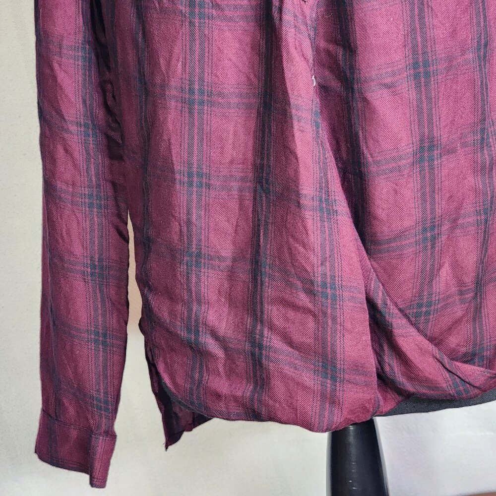 A.N.A. A New Approach Wine Black Plaid Long Tab Sleeve Button Up Faux Wrap Top S - Picture 6 of 16